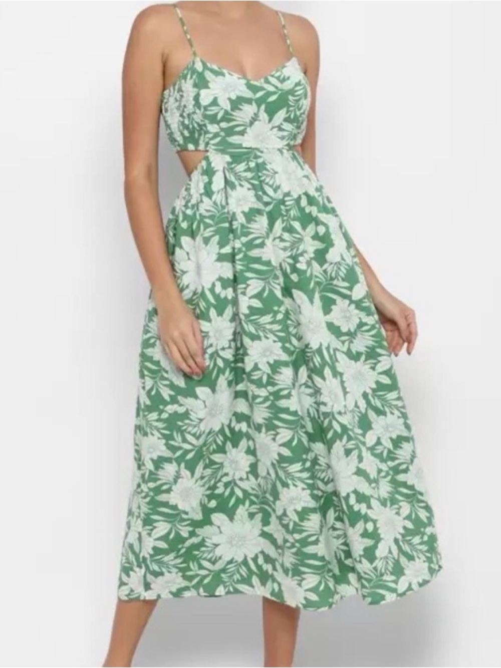 American Eagle Outfitters Maxi Dress Cut Out Cotton Linen Green Floral Strappy